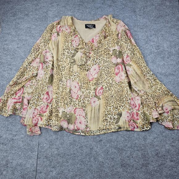 New York City Design Top Womens 4X Leopard Floral Silk 90s Ruffle Whimsical Y2K - Picture 1 of 6